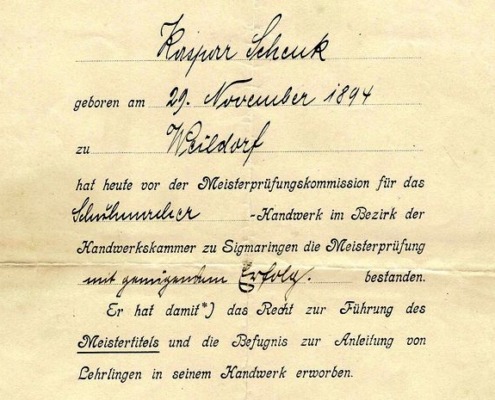 Meisterprüfung Kaspar Schenk 1921 v